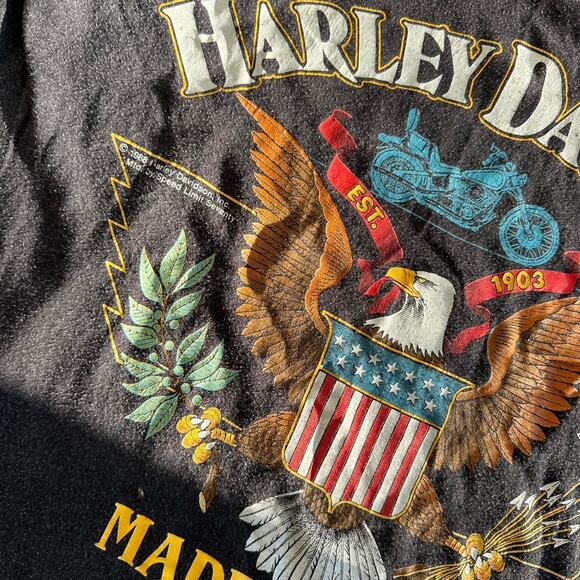 Harley-Davidson Unisex Medium T-Shirt Black Graphic Eagle USA 80s Biker Rare - Picture 3 of 3